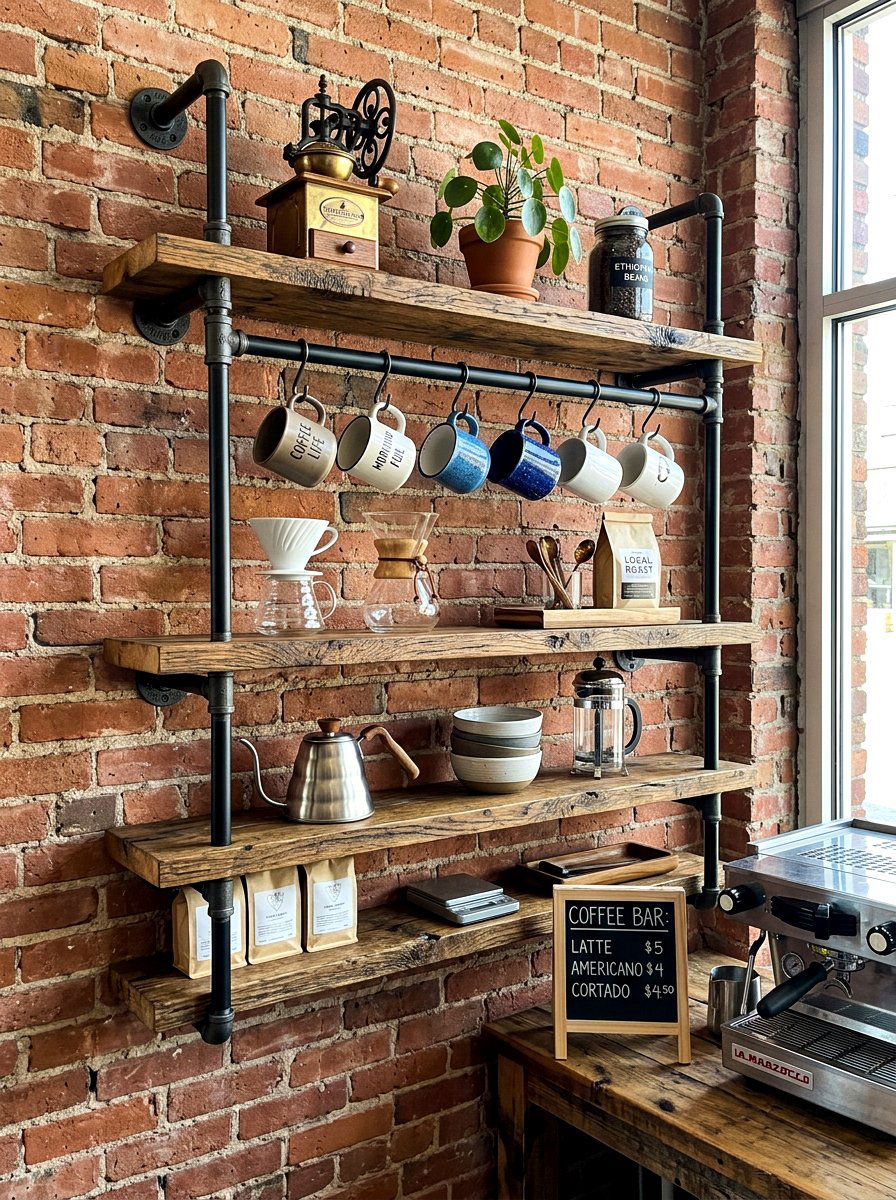 Industrial pipe coffee shelf - 30 coffee station ideas