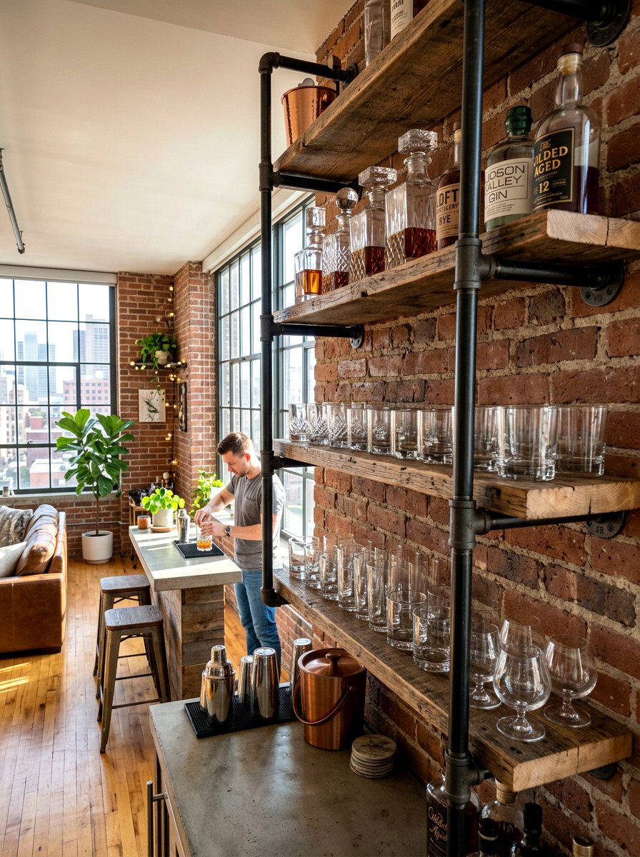 Industrial pipe glassware shelf - 30 glassware display ideas