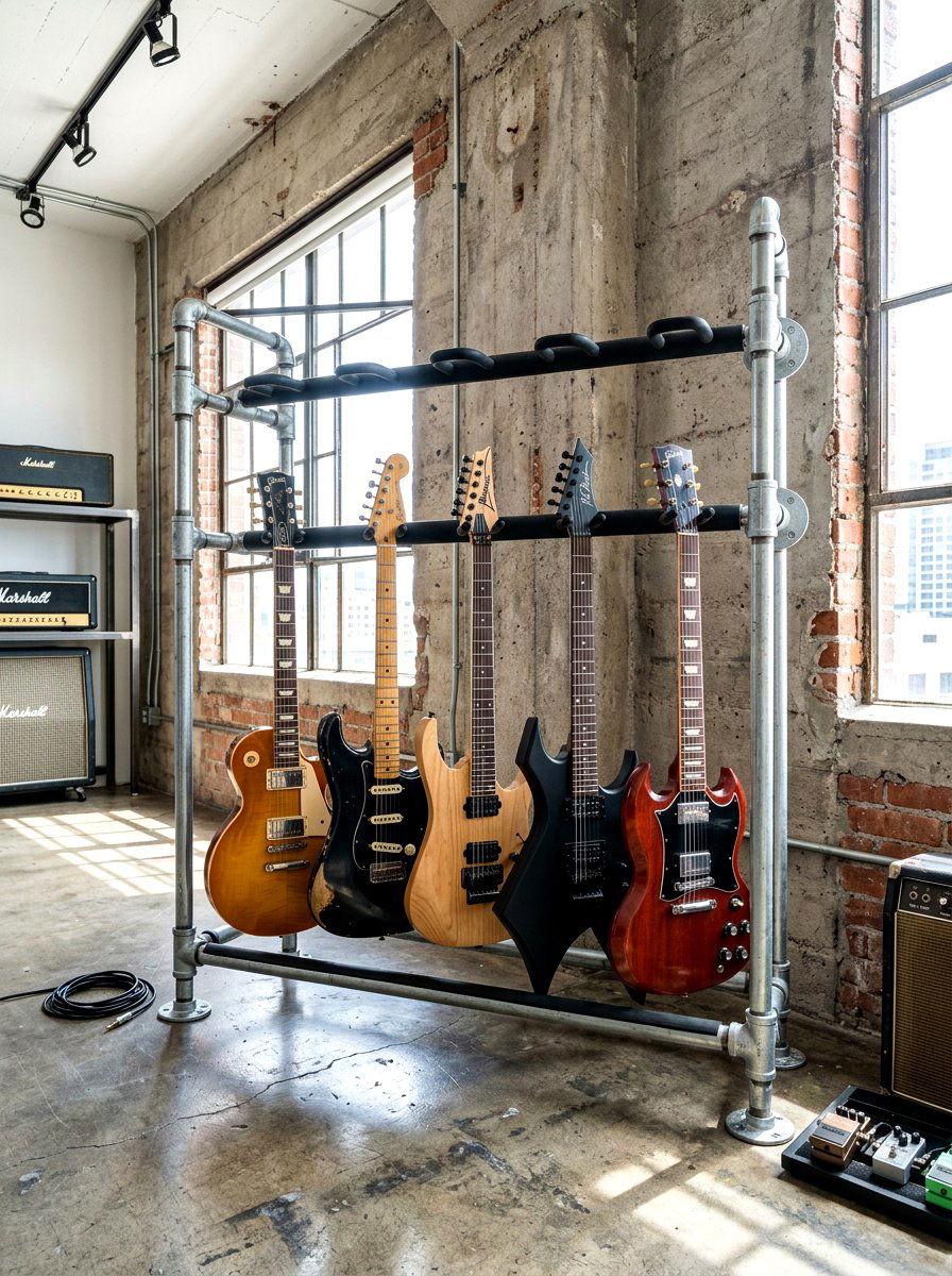 Industrial pipe guitar rack - 30 guitar wall display ideas