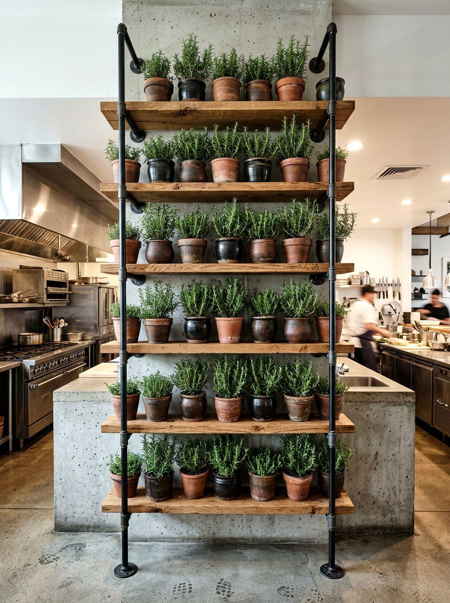 Industrial pipe herb shelf - 30 kitchen herb shelf ideas