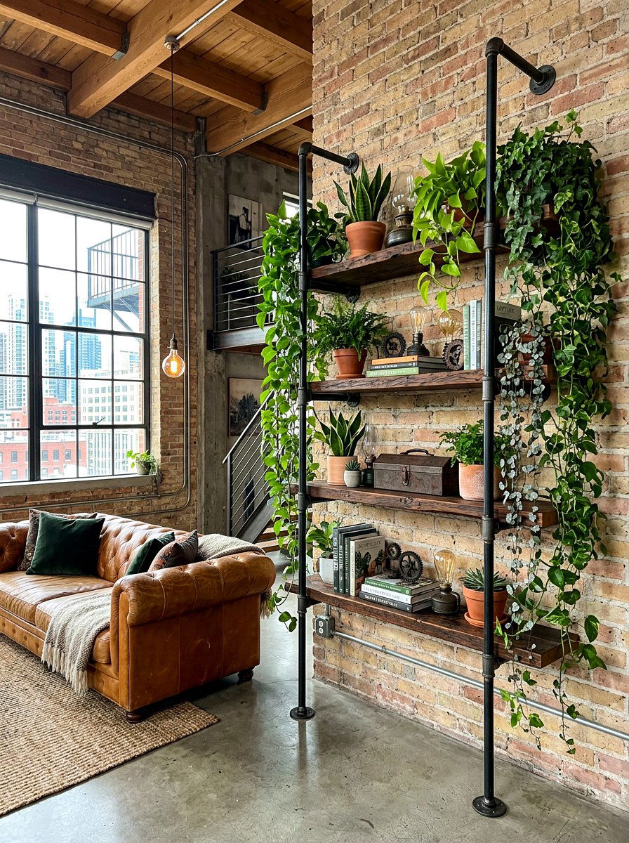 Industrial pipe plant shelf - 30 indoor plant wall ideas