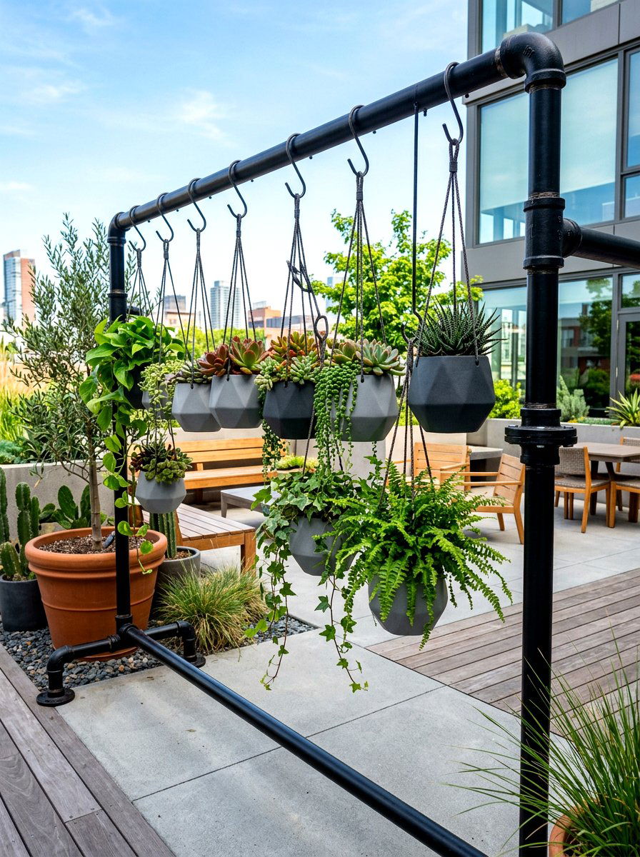 Industrial pipe rack - 30 hanging container garden ideas
