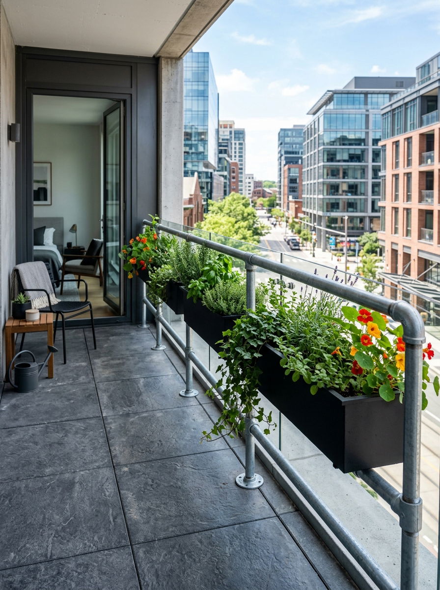 Industrial pipe rail planter - 30 railing planter ideas