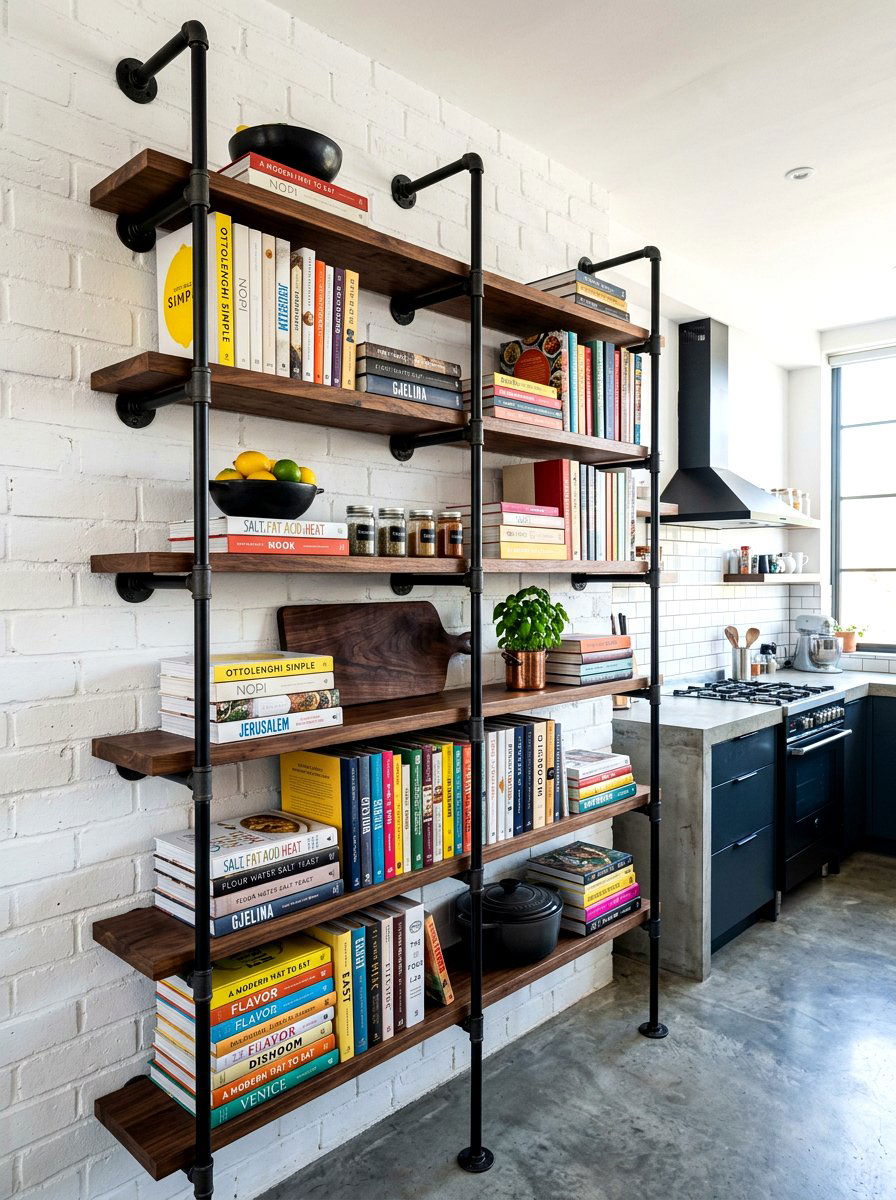 Industrial pipe shelving - 30 cookbook shelf kitchen ideas
