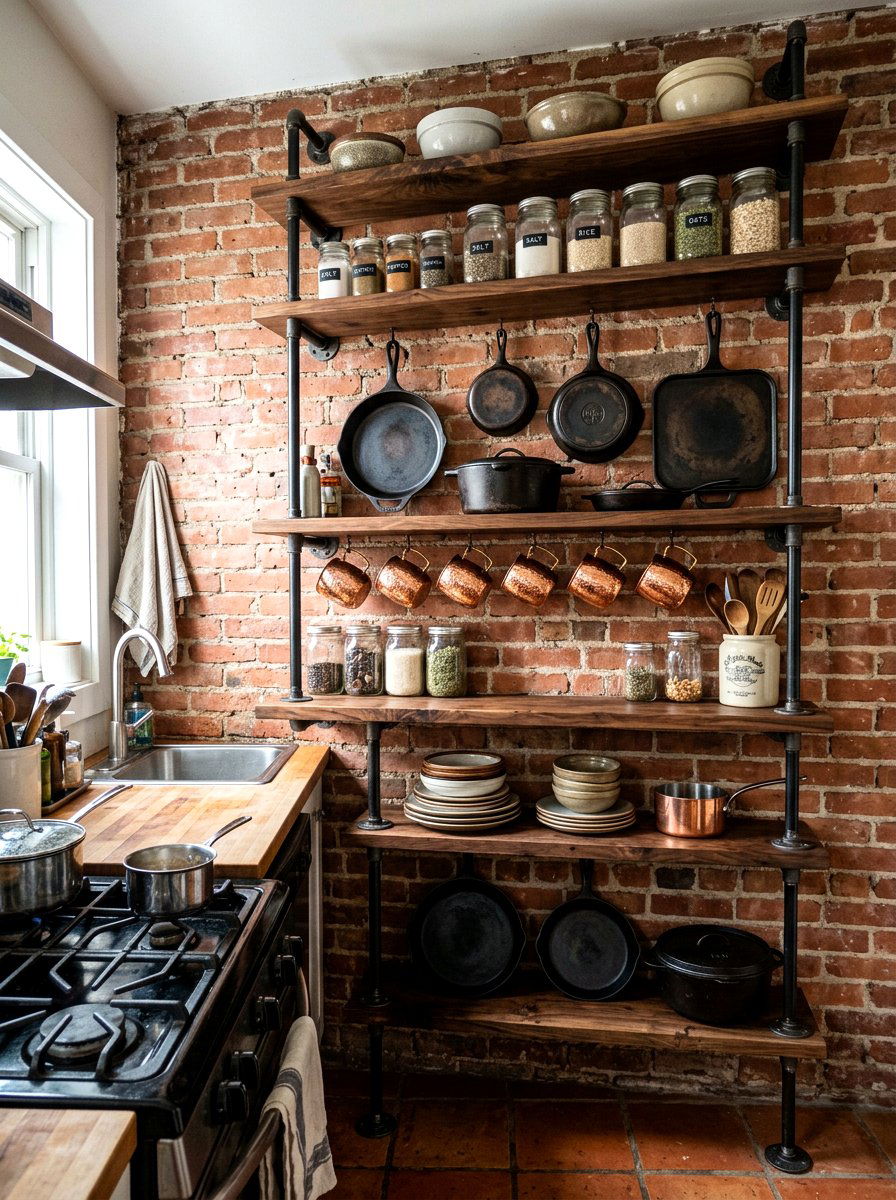 Industrial pipe shelving - 30 tiny kitchen open shelf ideas