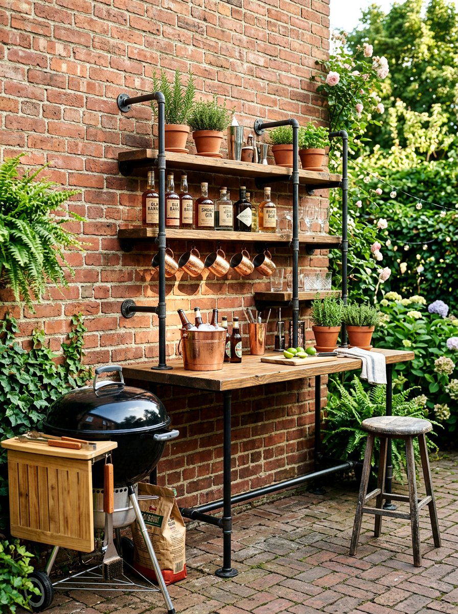 Industrial pipe shelving bar - 30 drink station patio ideas