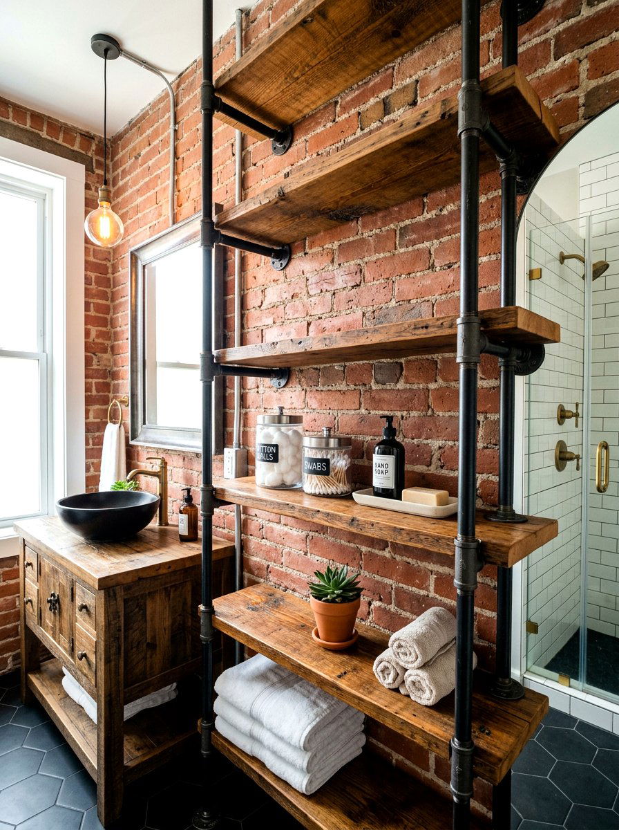 Industrial pipe shelving bathroom - 30 bathroom wall decor ideas