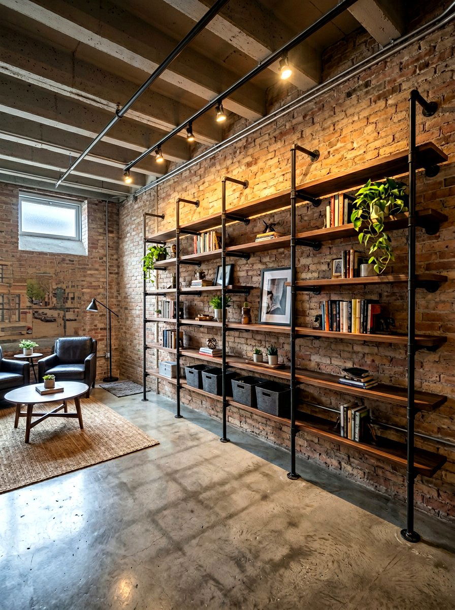 Industrial pipe shelving - 30 basement storage wall ideas