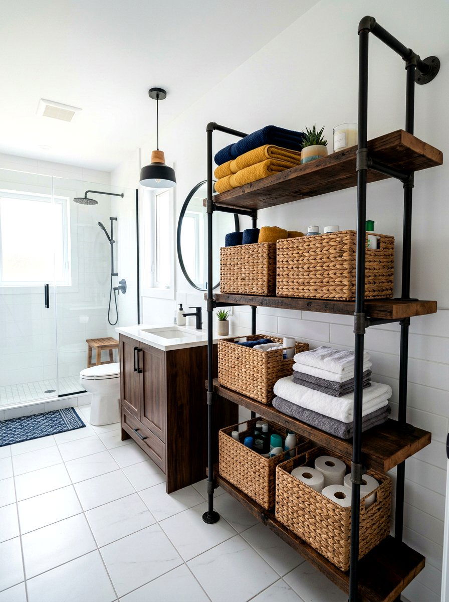 Industrial pipe style freestanding shelf - 30 renter safe bathroom shelf ideas