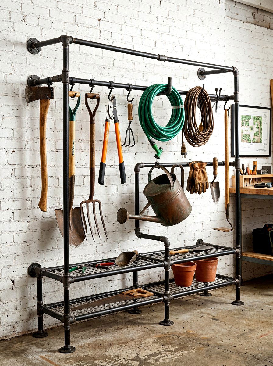 Industrial pipe tool hanger - 30 garden tool wall ideas