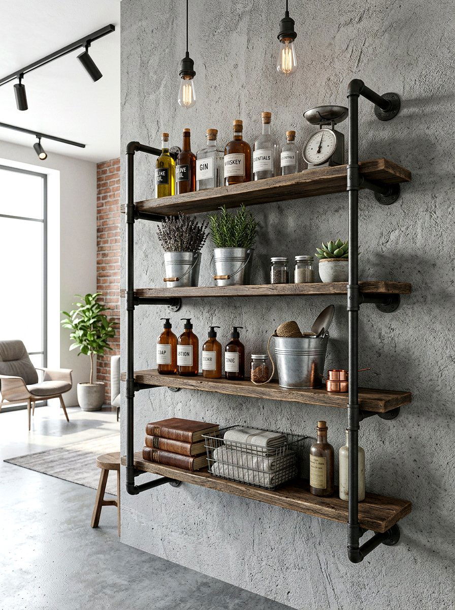 Industrial pipe wall shelf - 30 green cleaning station ideas