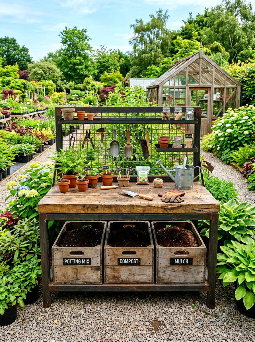 Industrial potting station - 30 potting table greenhouse ideas