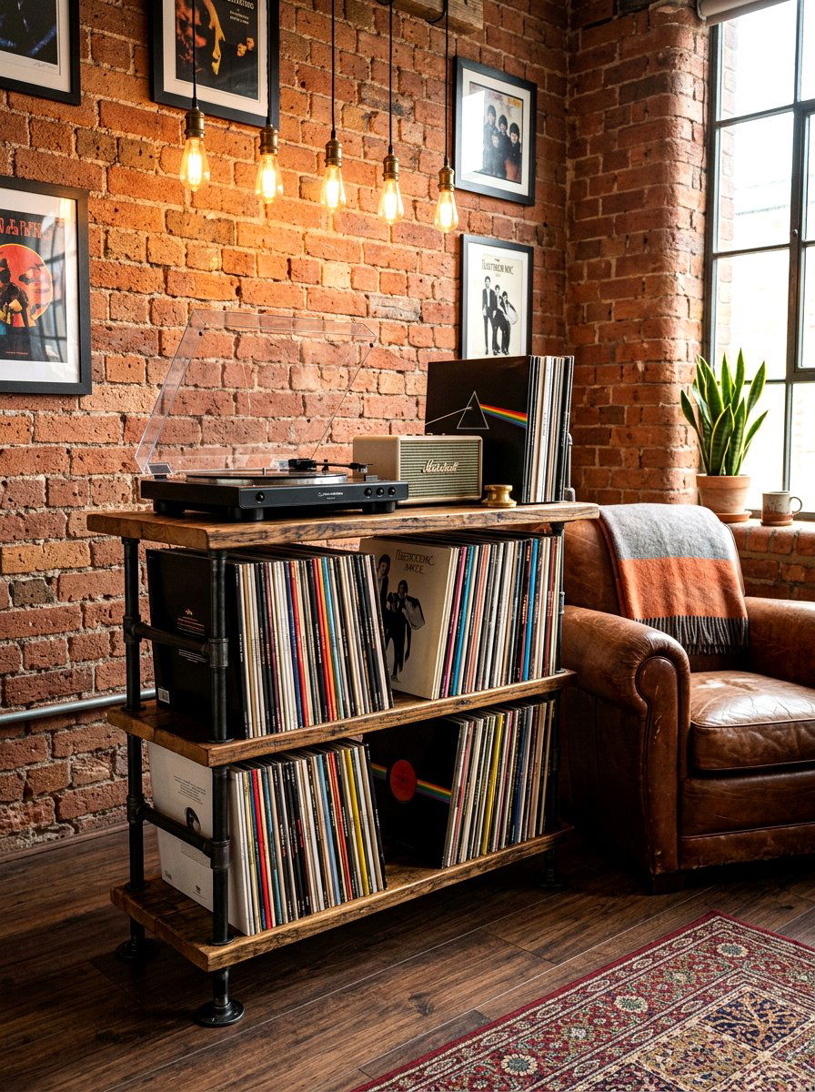 Industrial record player stand - 30 record listening room ideas