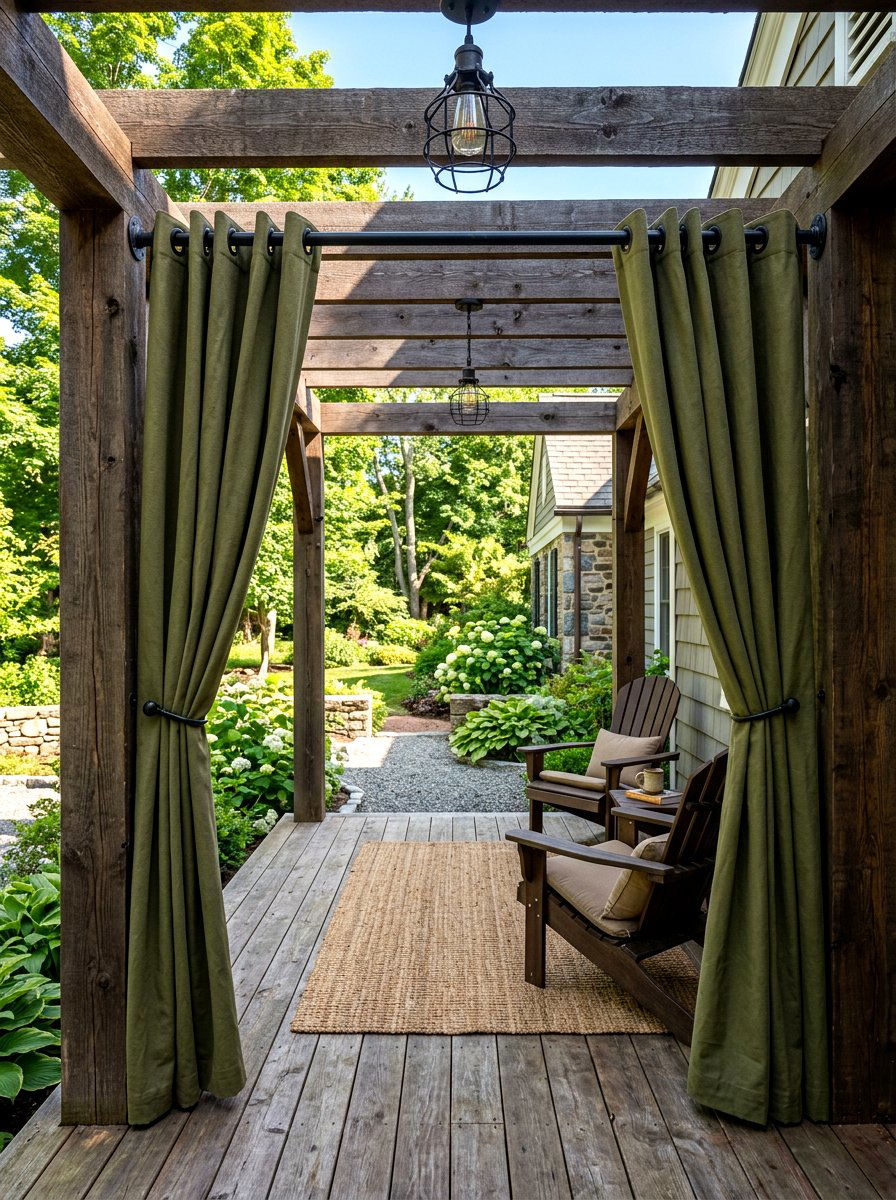 Industrial rod pergola porch - 30 pergola privacy curtain ideas