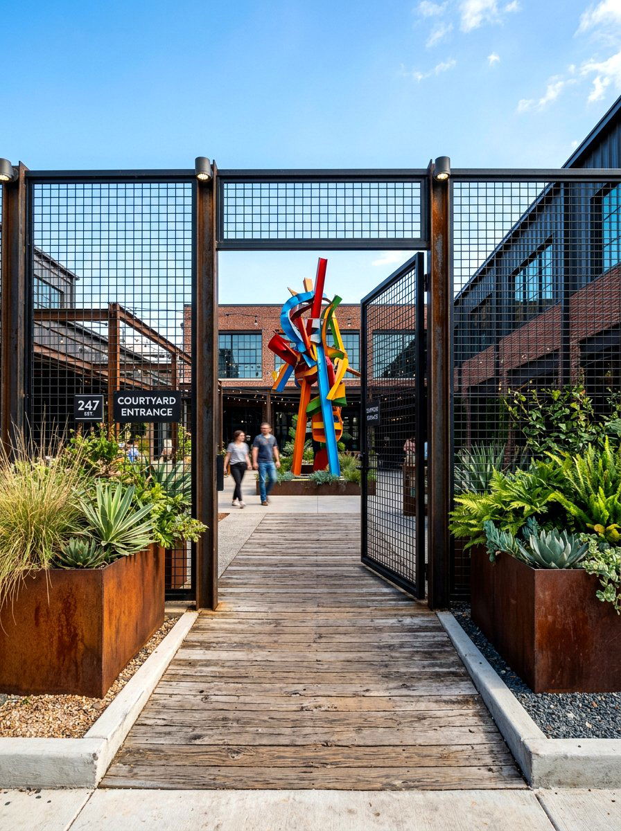 Industrial steel courtyard entrance - 30 courtyard house entry ideas