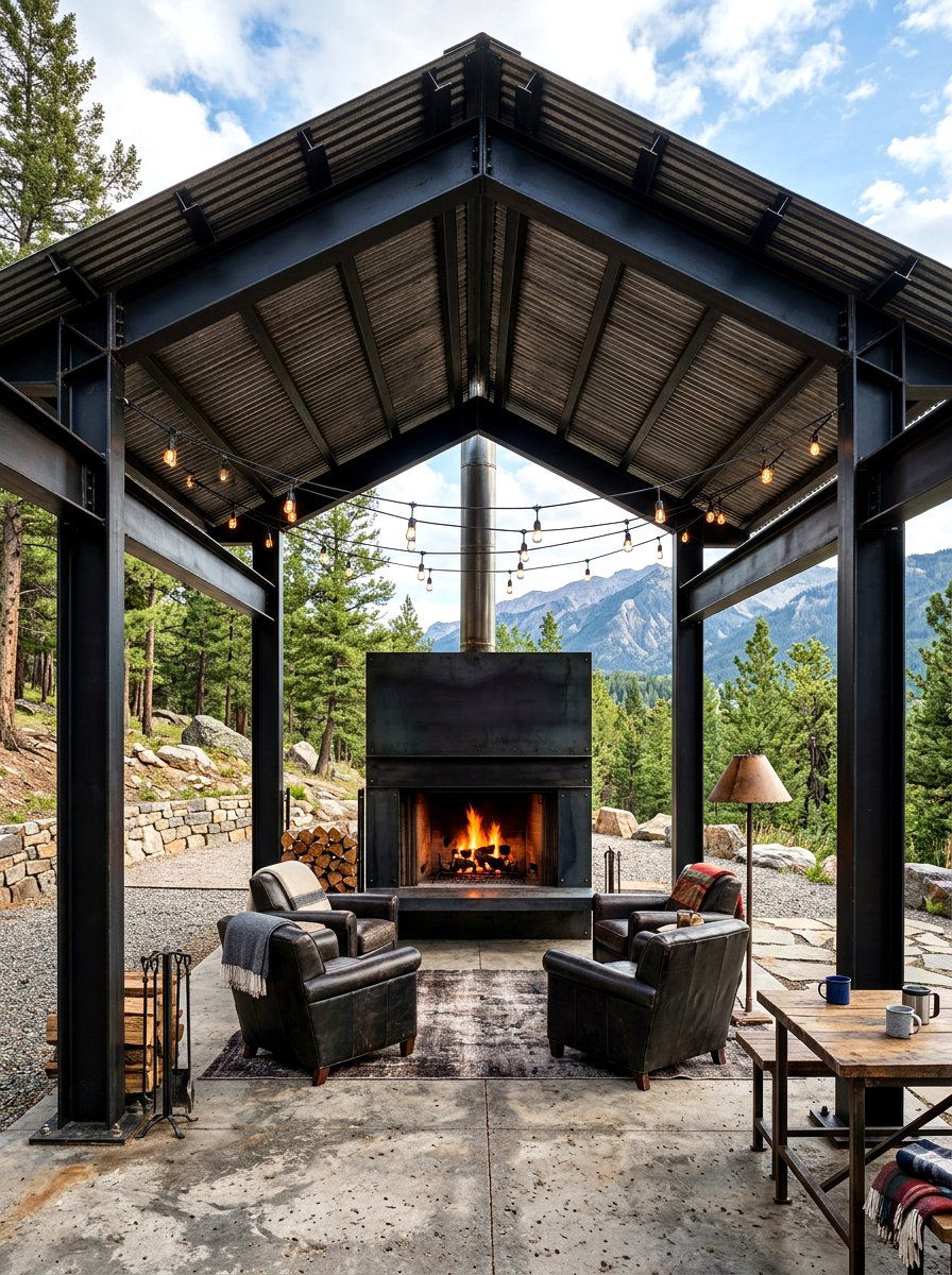Industrial steel fireplace pavilion - 30 pavilion fireplace ideas
