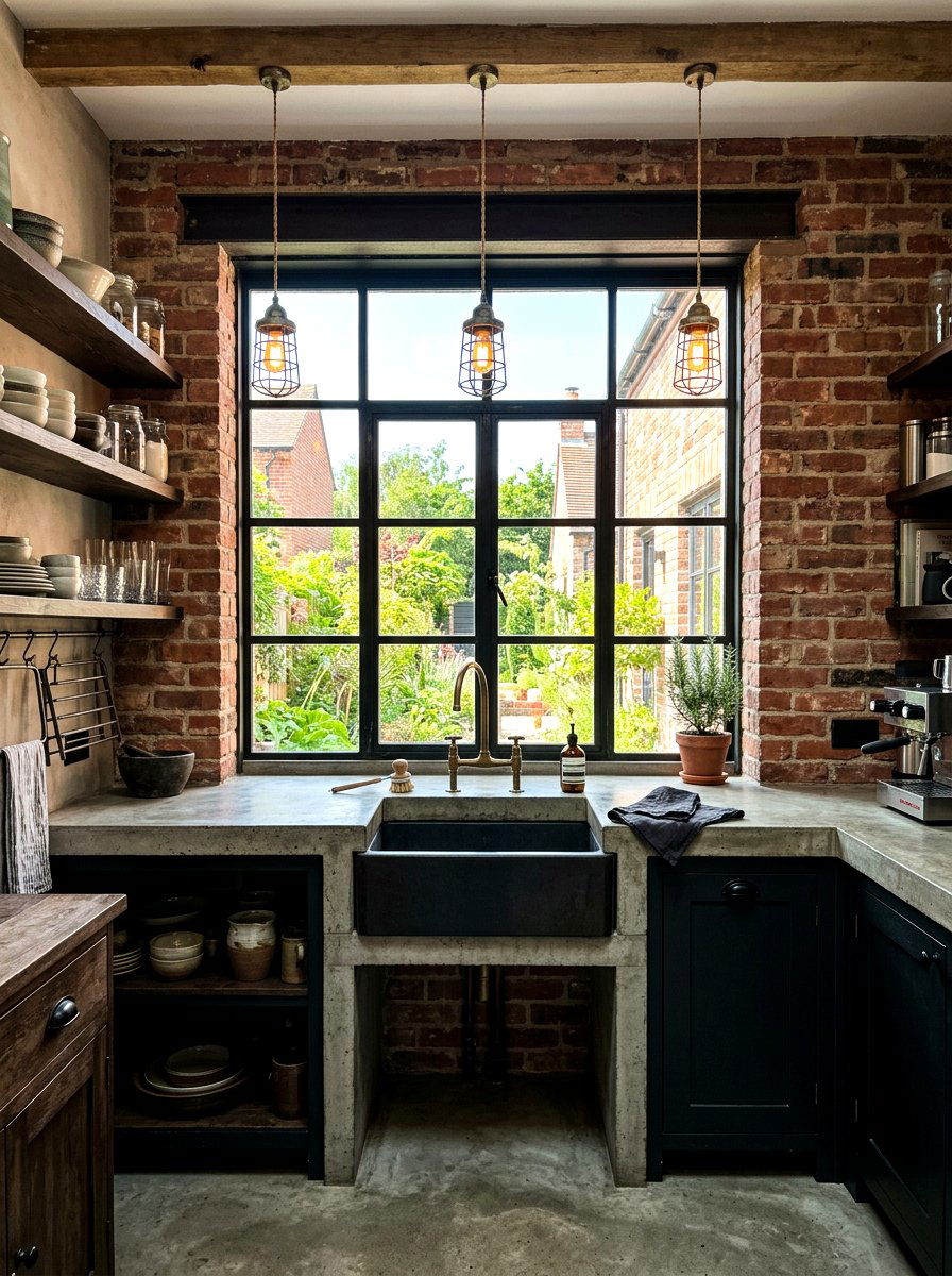 Industrial steel frame window over sink - 30 sink window kitchen ideas