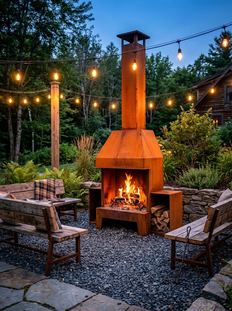 Industrial steel patio fireplace - 30 patio fireplace lounge ideas