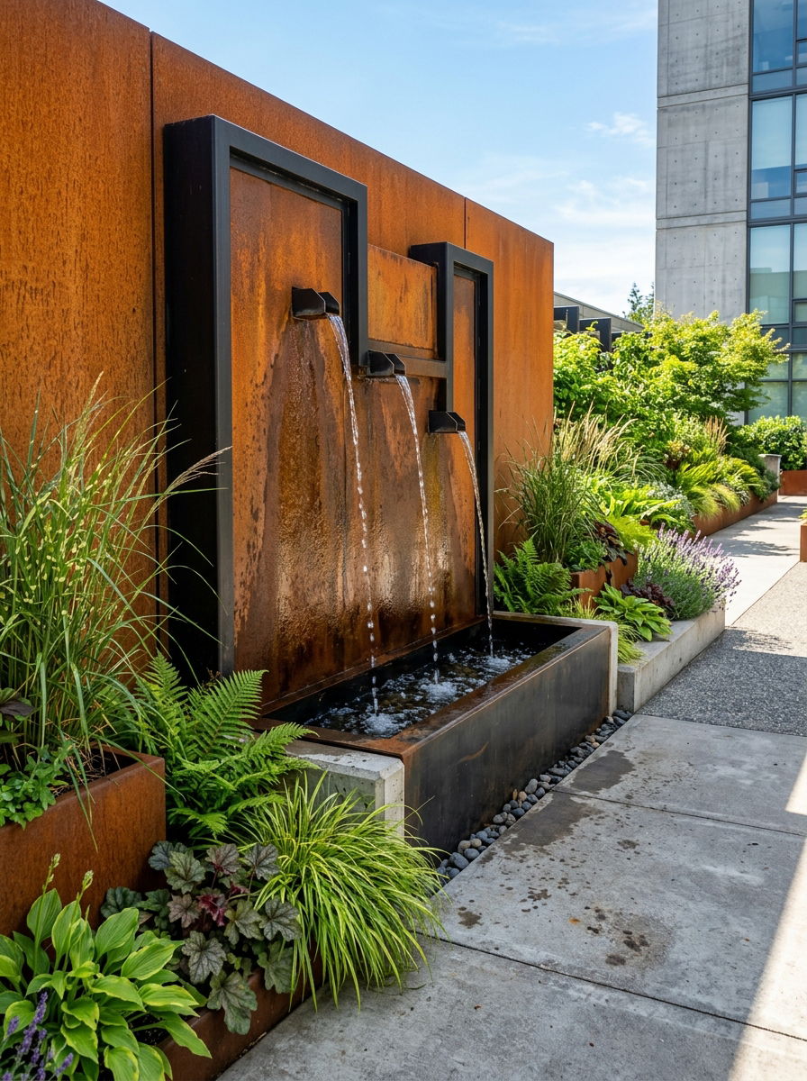 Industrial steel wall fountain - 30 wall fountain ideas