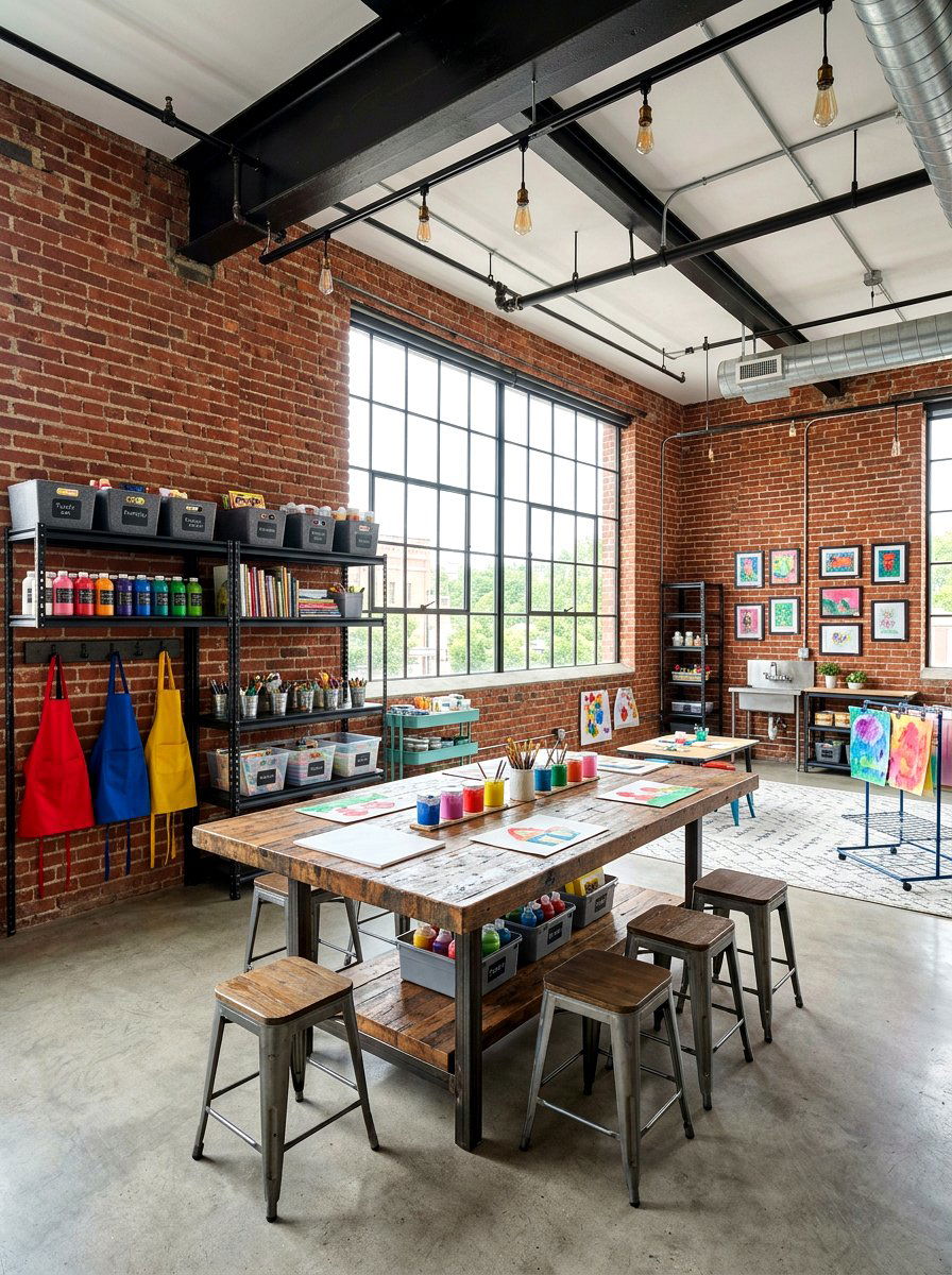 Industrial style art studio - 30 kids craft room ideas