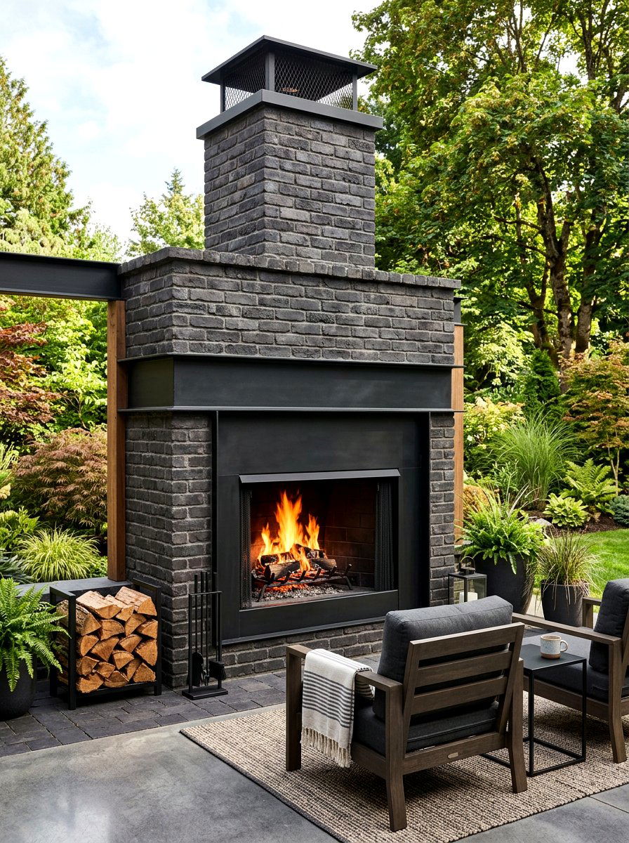 Industrial style brick fireplace black accents - 30 brick outdoor fireplace ideas
