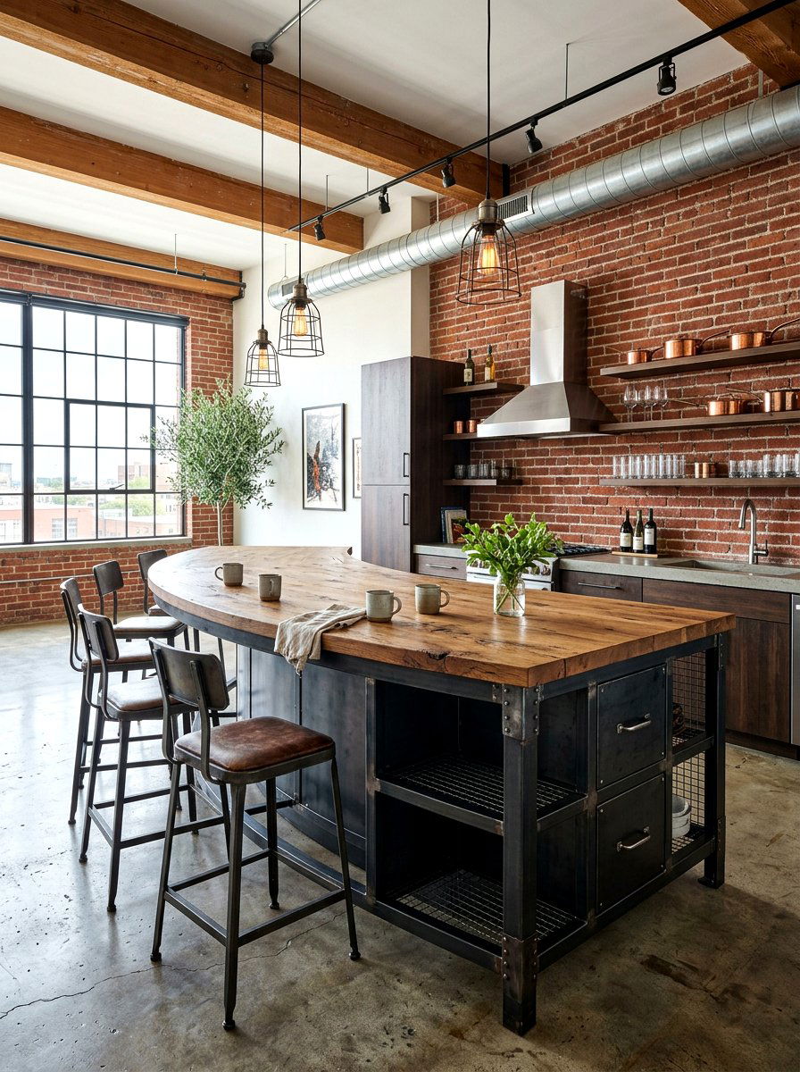 Industrial style curved island - 30 curved kitchen island ideas