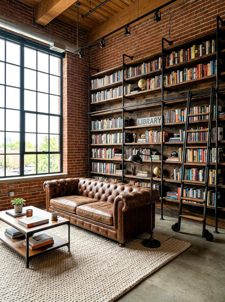 Industrial style home library - 30 cozy library fall ideas