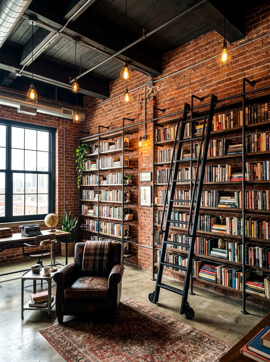 Industrial style home library - 30 library ladder ideas