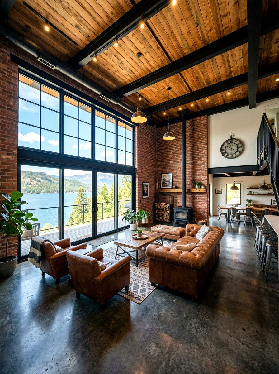 Industrial style lake house - 30 lake house living room ideas