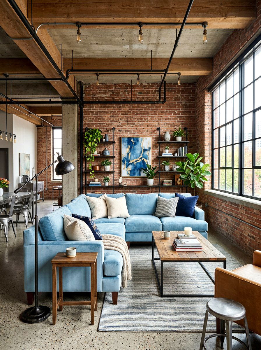 Industrial style light blue living room - 30 soft blue living room ideas