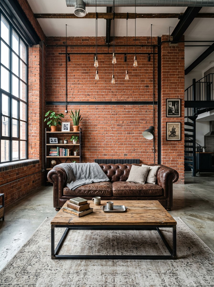 Industrial style living room brick wall - 30 no fireplace living room ideas