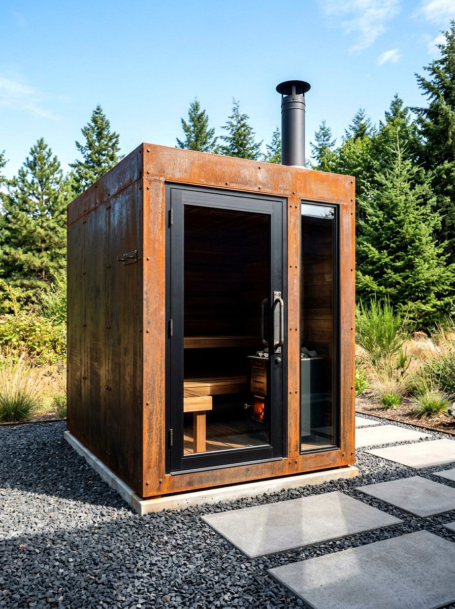 Industrial style metal sauna - 30 outdoor sauna backyard ideas aesthetic