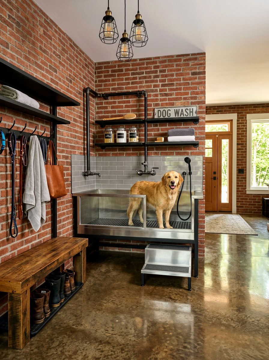 Industrial style mudroom dog shower - 30 mudroom dog wash ideas