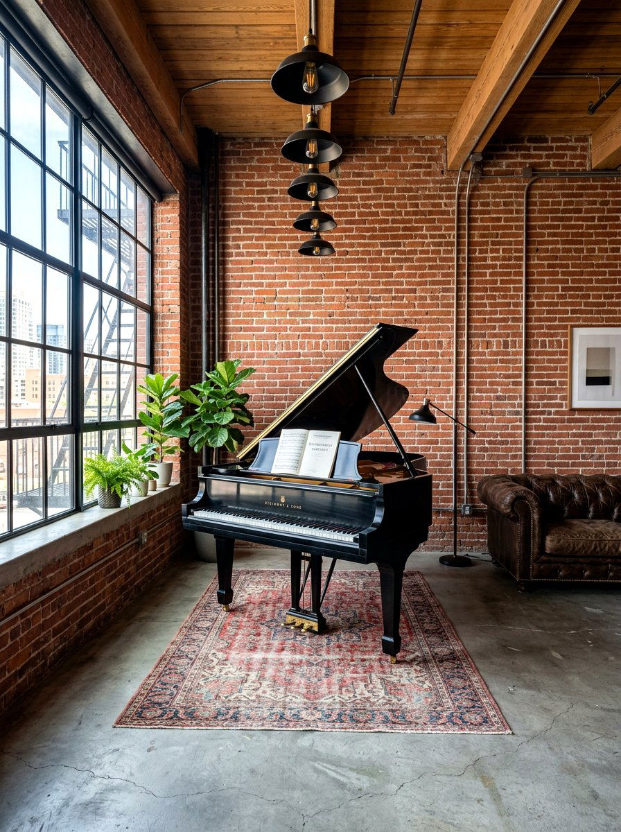 Industrial style piano room - 30 piano living room ideas