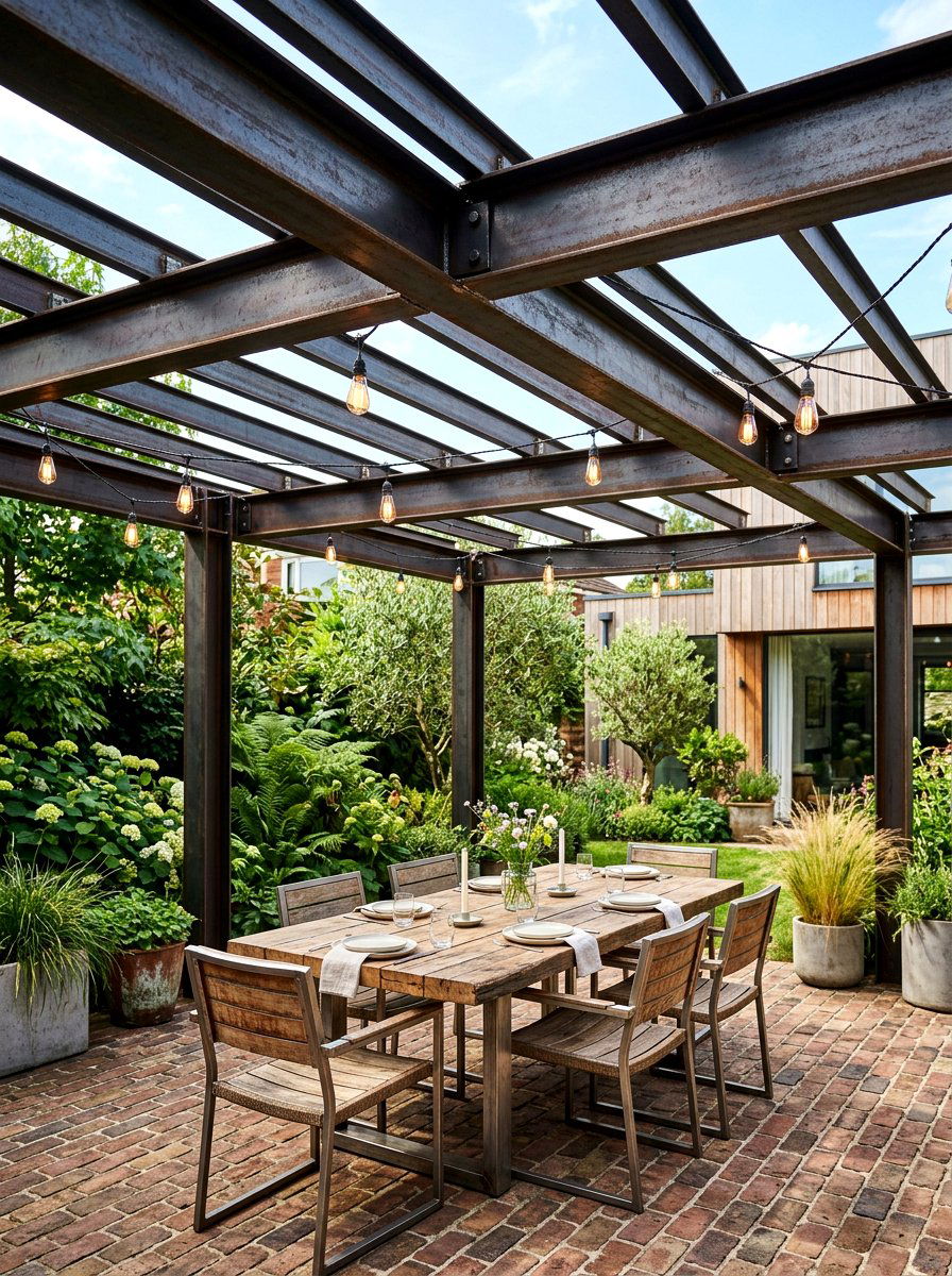 Industrial style steel pergola - 30 pergola lounge patio ideas