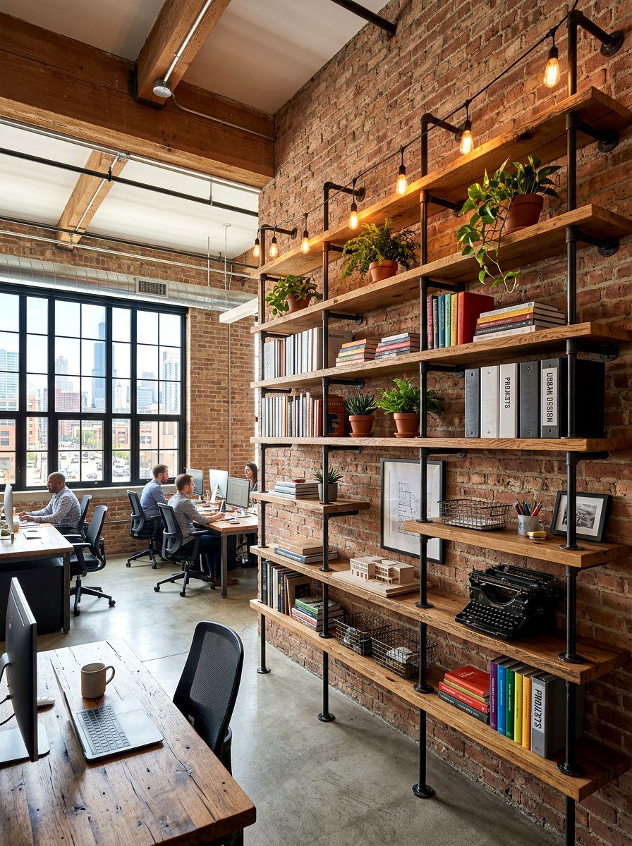 Industrial urban office shelves - 30 home office shelf ideas