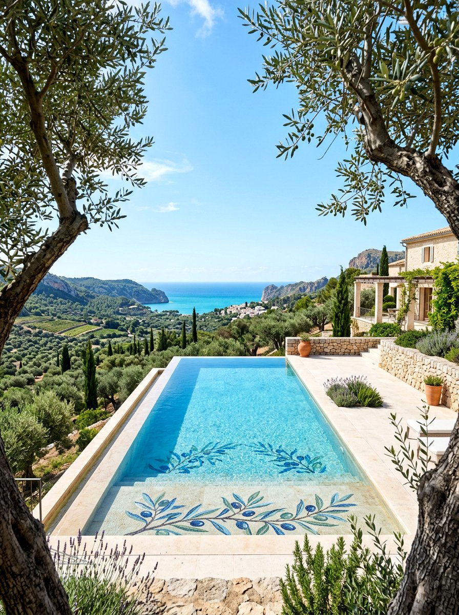 Infinity pool with olive tree views - 30 poolside olive trees ideas