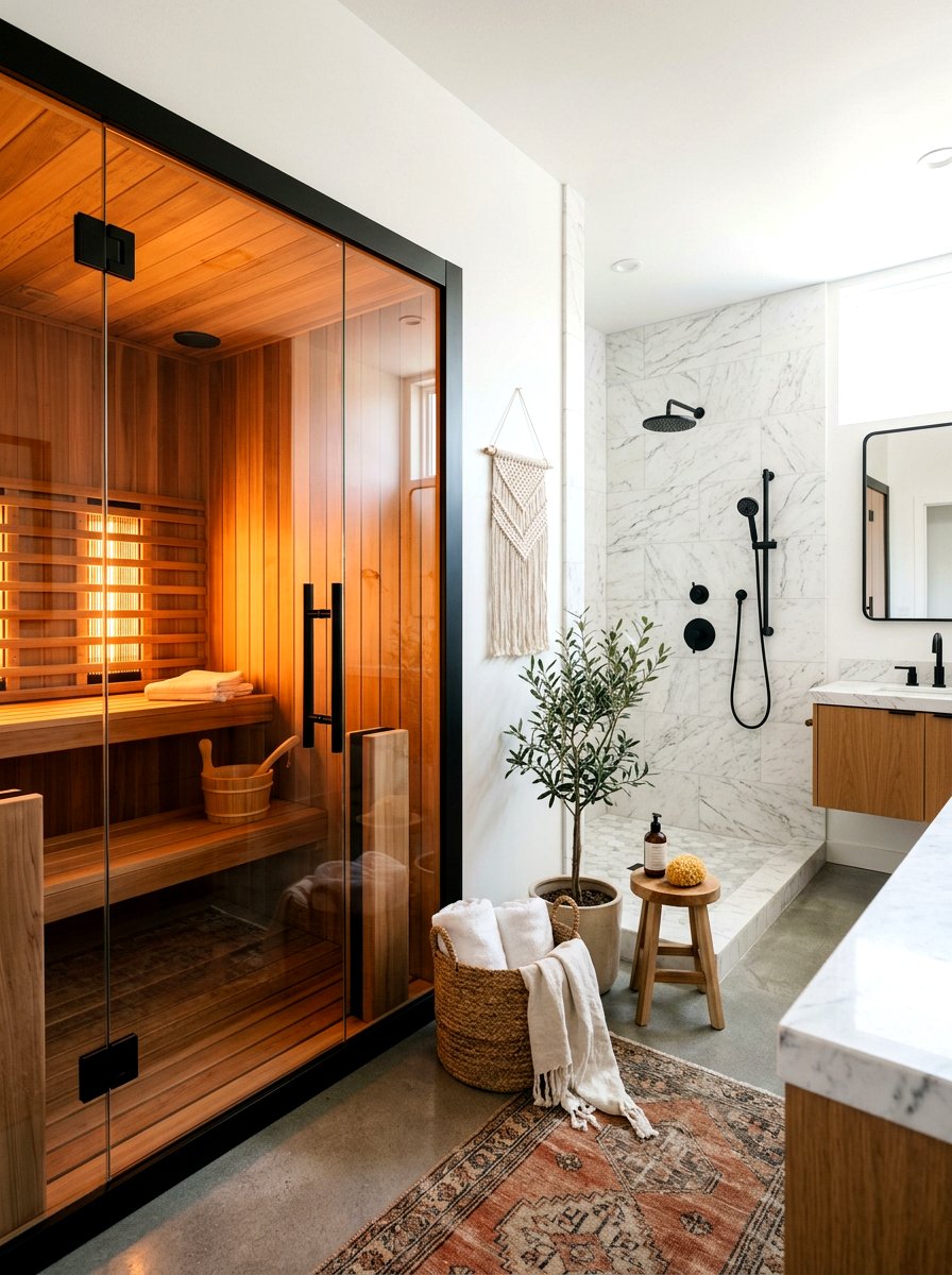Infrared sauna with glass wall - 30 contrast therapy bathroom ideas