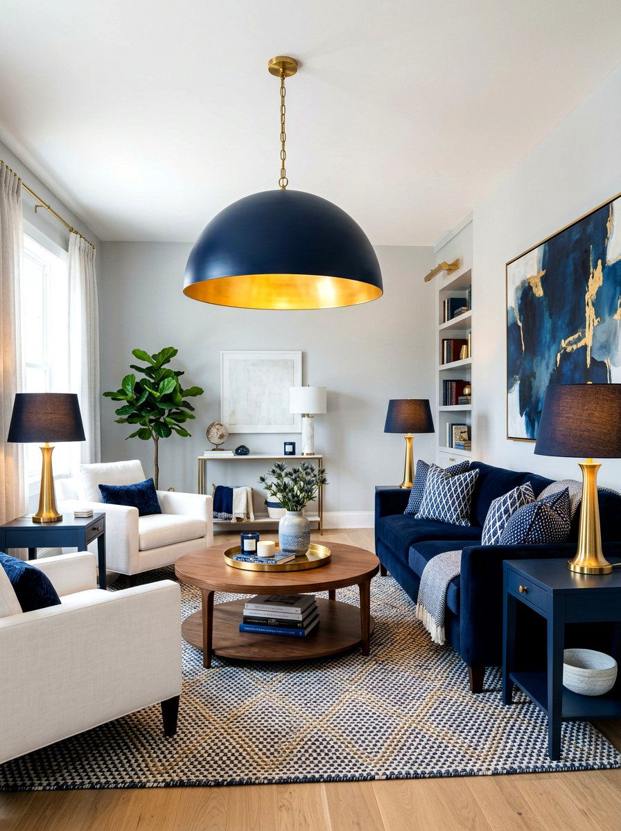 Ink Blue And Brass Lighting - 30 ink blue lounge ideas
