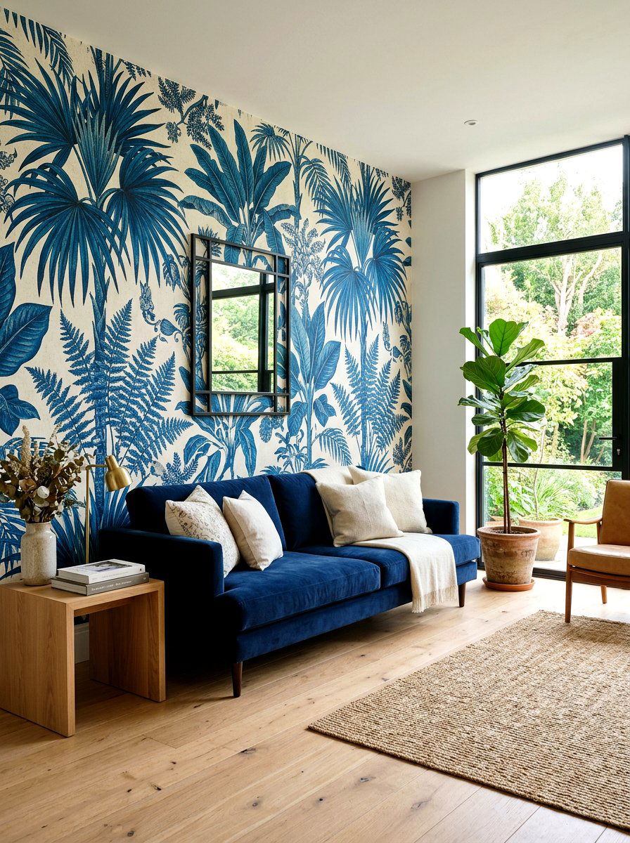Ink Blue Botanical Wallpaper - 30 ink blue lounge ideas