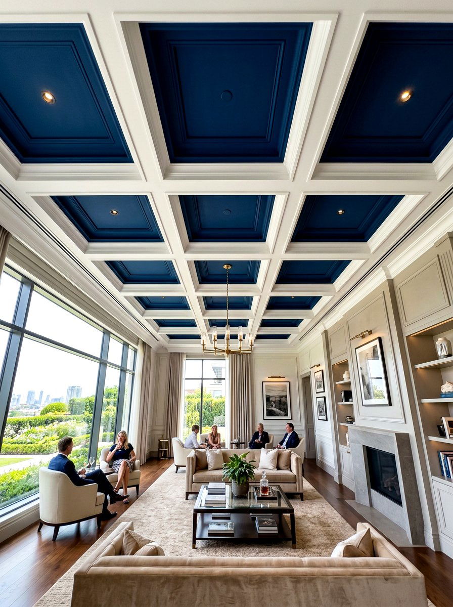 Ink Blue Coffered Ceiling - 30 ink blue lounge ideas