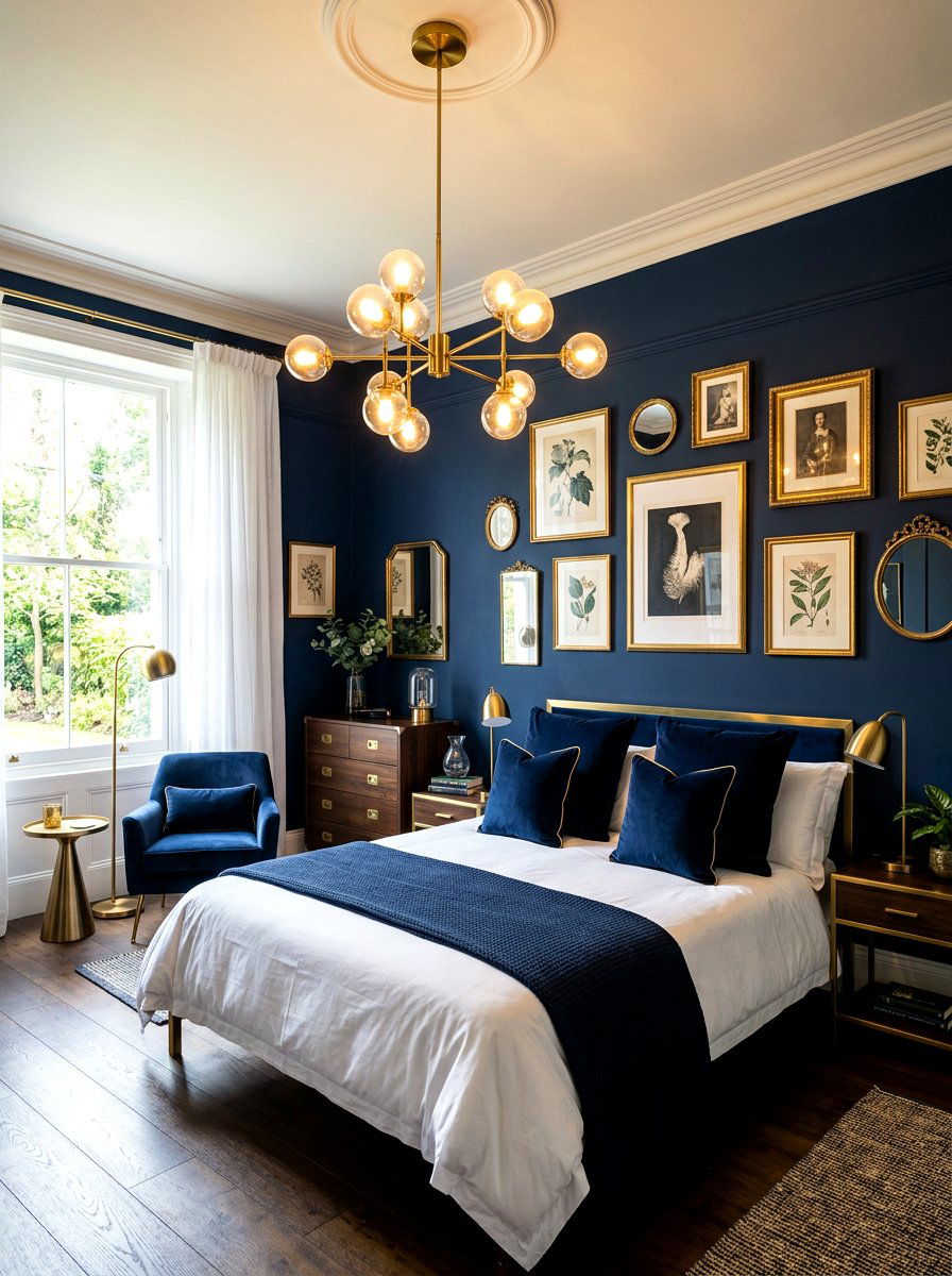 Inky Blue And Brass Accents - 30 inky blue bedroom ideas