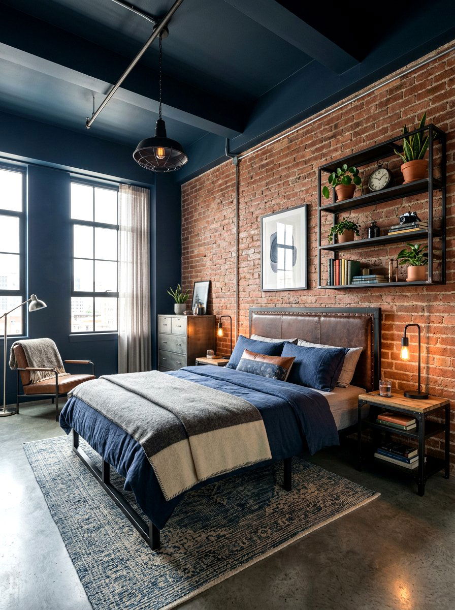 Inky blue industrial bedroom - 30 inky blue bedroom decor ideas
