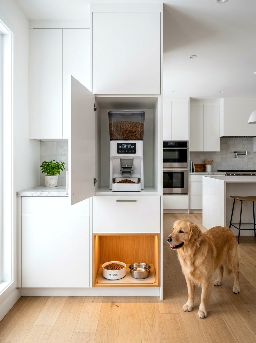 Integrated Automatic Pet Feeder Cabinet - 30 aesthetic pet station kitchen ideas
