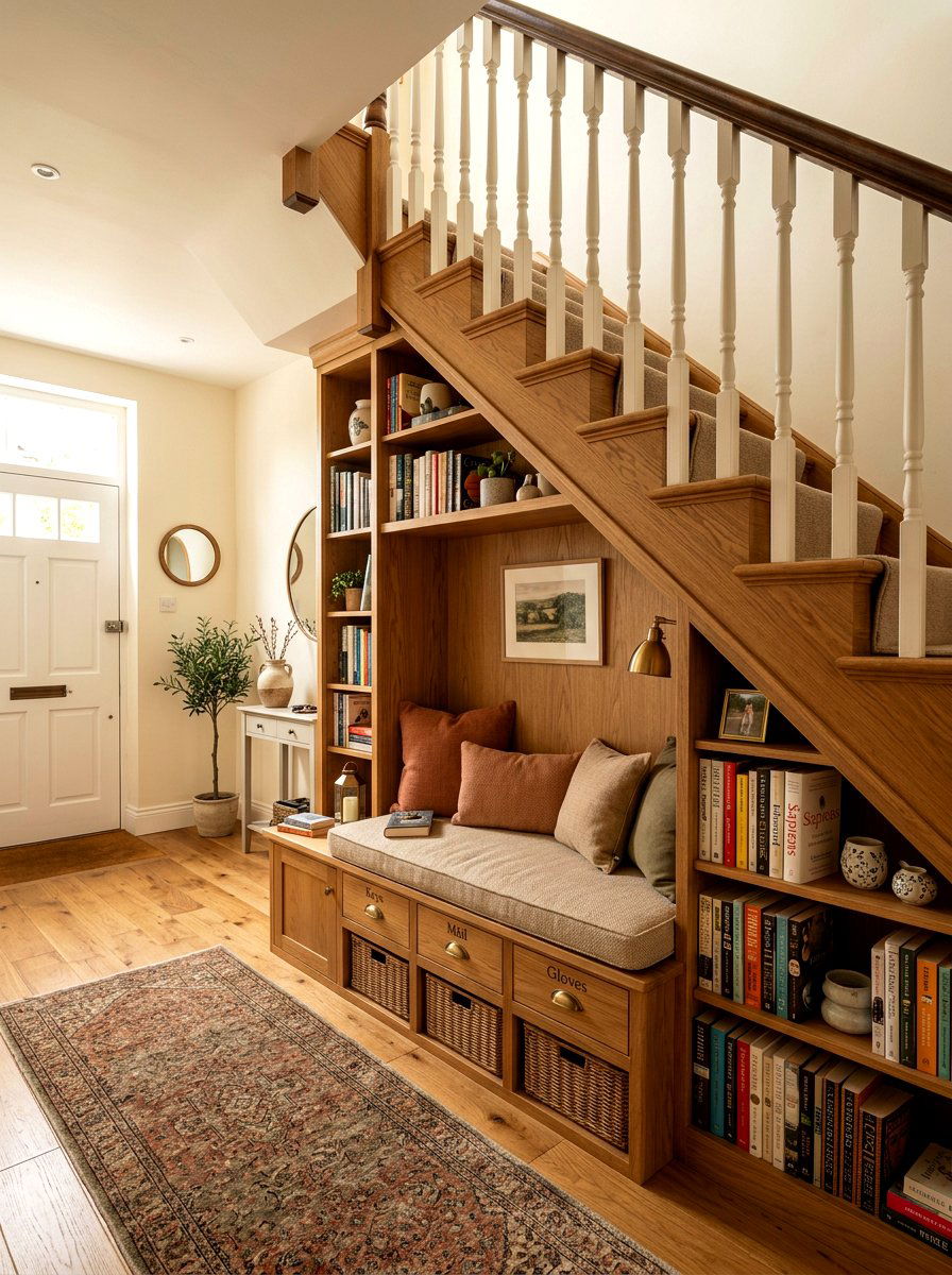 Integrated Bench And Under Stair Bookshelf - 30 under staircase bookshelf ideas