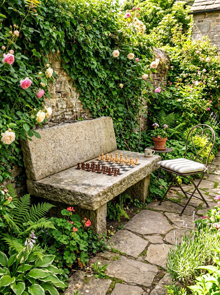 Integrated Bench Chess Table - 30 outdoor chess garden ideas