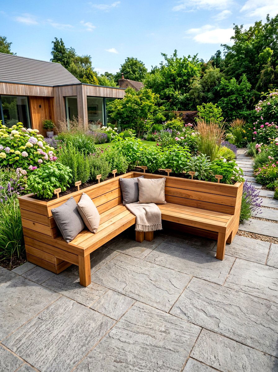 Integrated Bench Herb Planter - 30 modern herb garden ideas