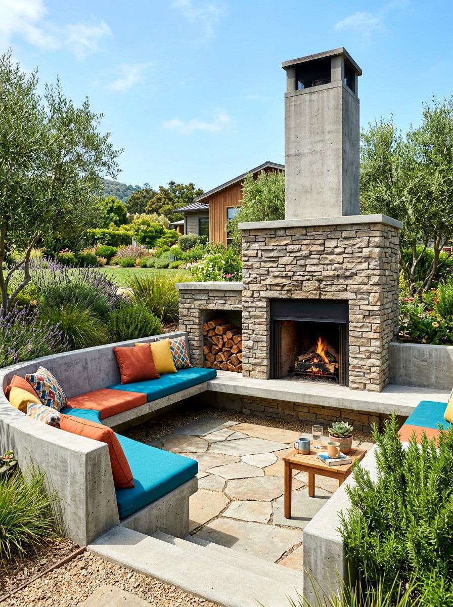 Integrated Bench Seating Outdoor Fireplace - 30 modern outdoor fireplace ideas