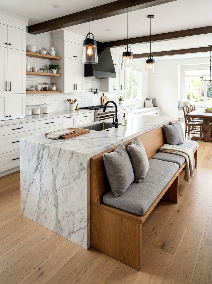 Integrated Bench Waterfall Island Design - 30 waterfall island seating ideas