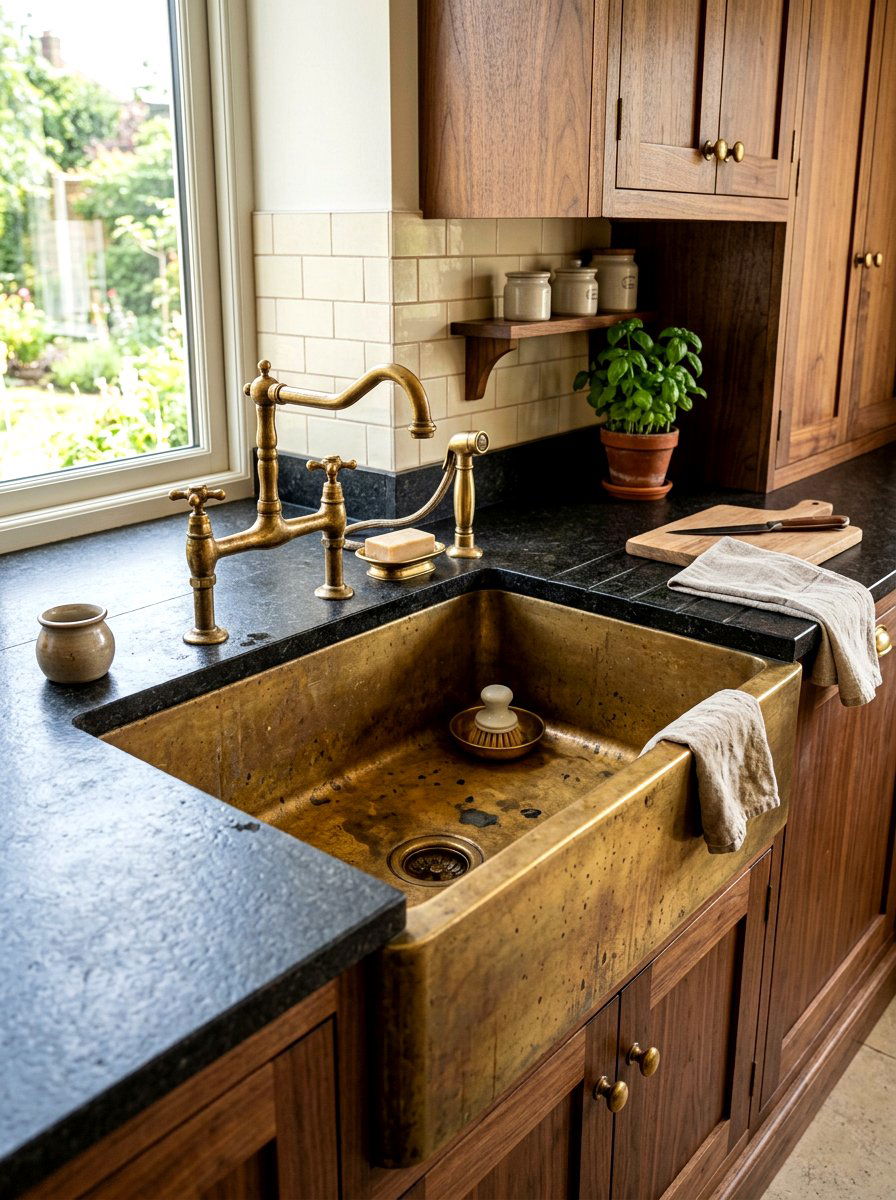 Integrated Brass Kitchen Sink - 30 unlacquered brass kitchen ideas